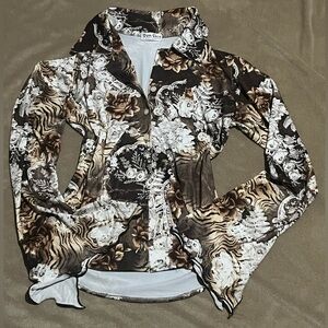 Don Cico Collection Stretch Button-Down Top Y2K Floral Print